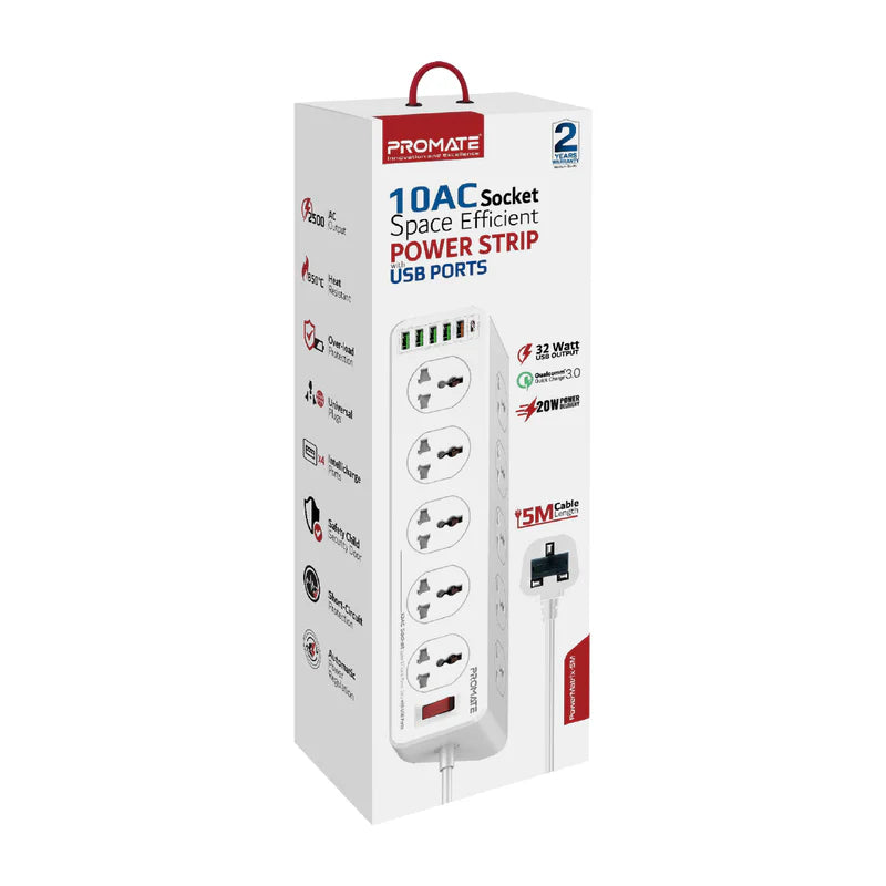 PROMATE PowerMatrix-5M 10 Way Surge Power Strip - 30W / 5 Meter / USB-A / USB-C / White
