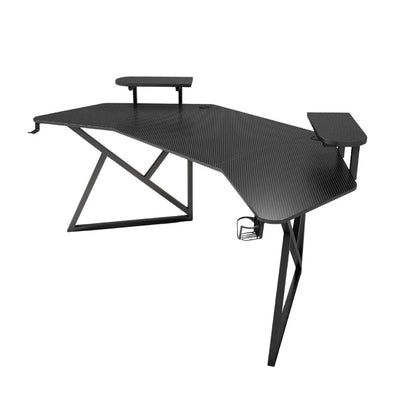 Gamax D2204B Curved Carbon fiber Gaming Table with Multi Level Shelves & Mousepad - Black