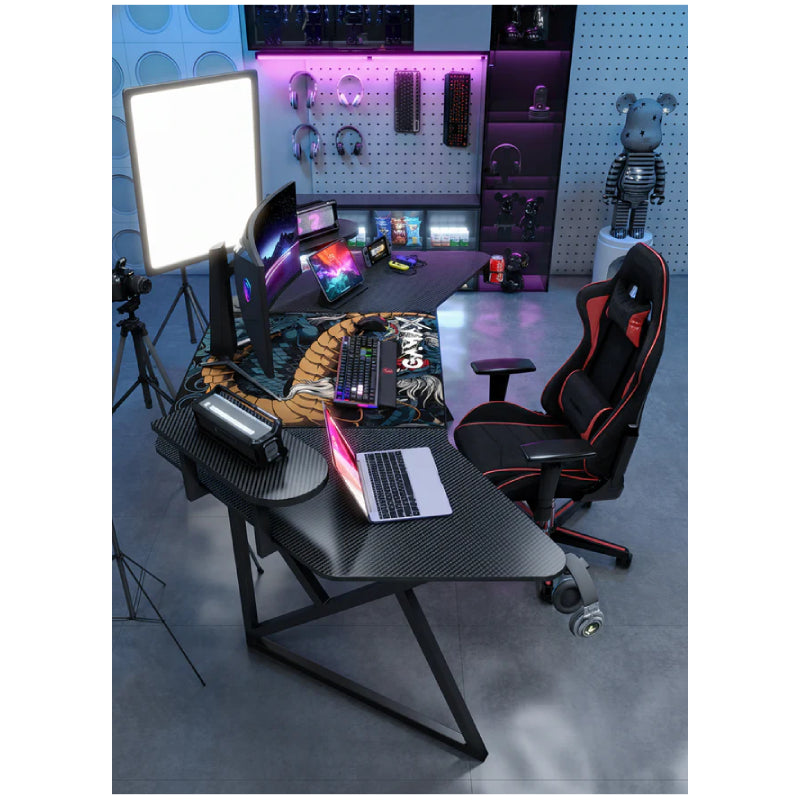 Gamax D2204B Curved Carbon fiber Gaming Table with Multi Level Shelves & Mousepad - Black