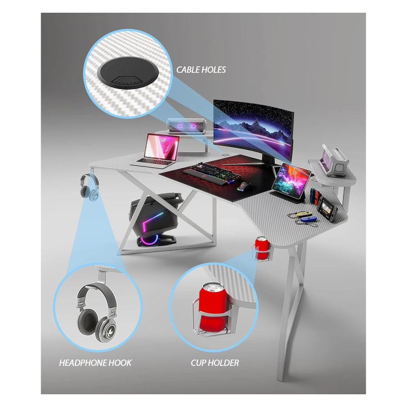 Gamax D2204W Curved Carbon Fiber Gaming Table with Multi Level Shelves & Mousepad - White