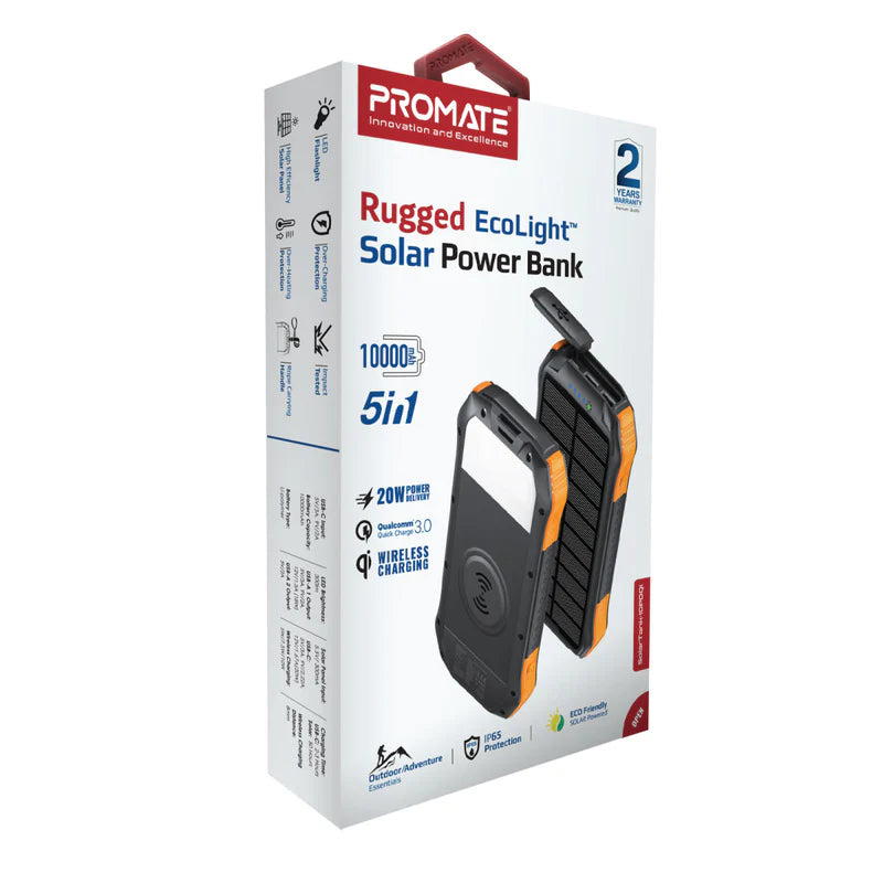 PROMATE SolarTank-10PDQi Rugged EcoLight Solar Power Bank - 10000mAh / USB-A / USB-C