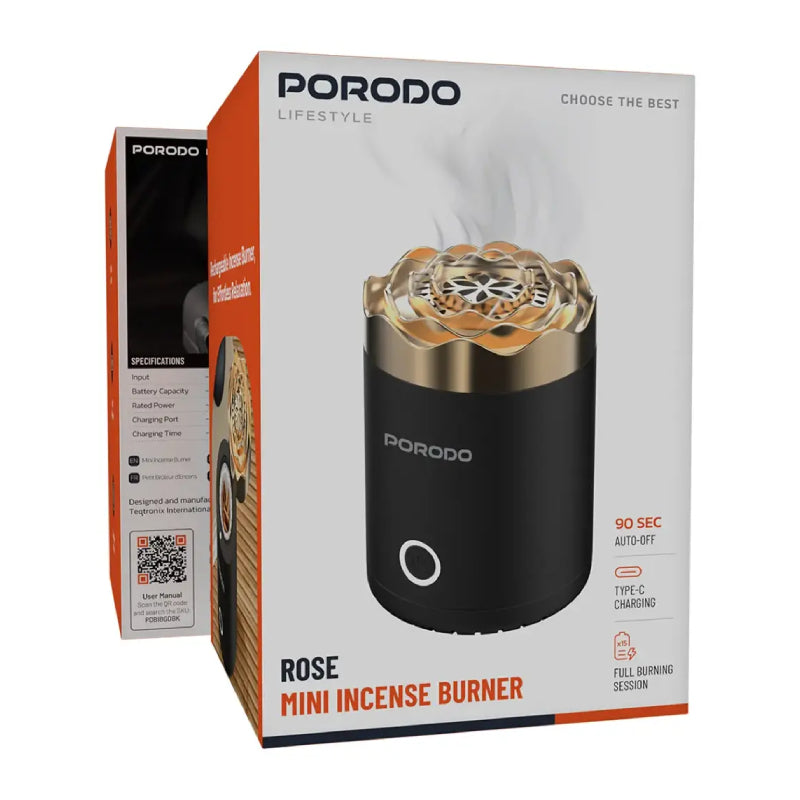 Porodo Lifestyle Rose Mini Incense Burner - 1800mAh / 18W / Type-C / Black