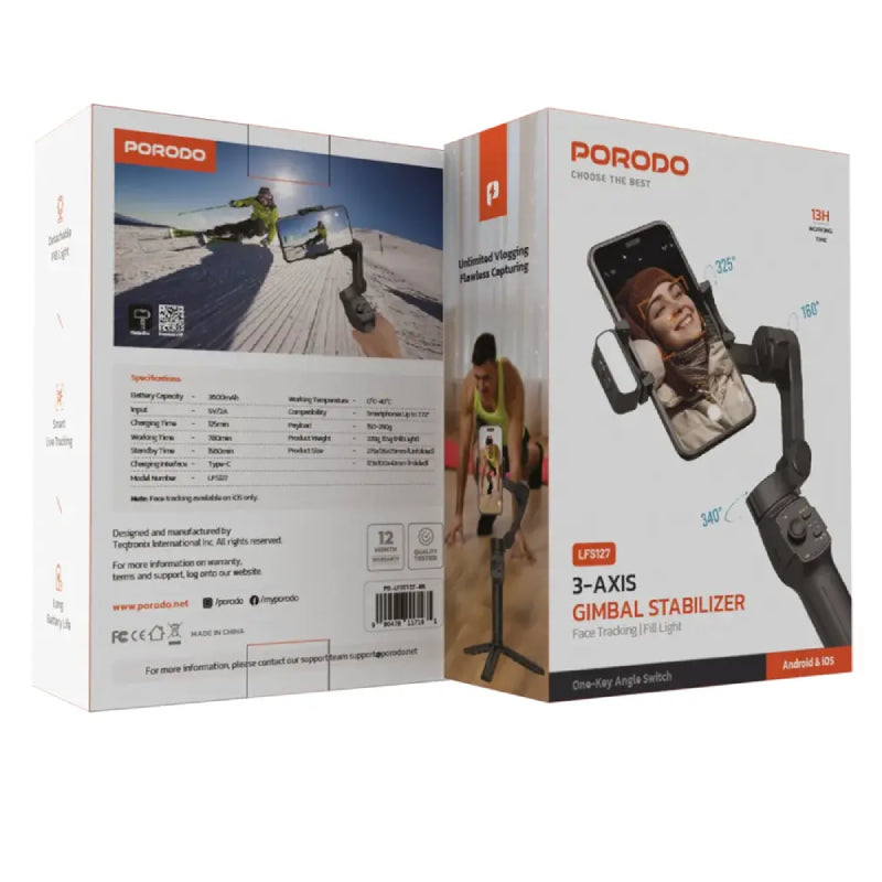 Porodo 3-Axis Gimbal Stabilizer Magnetic Fill Light - Black