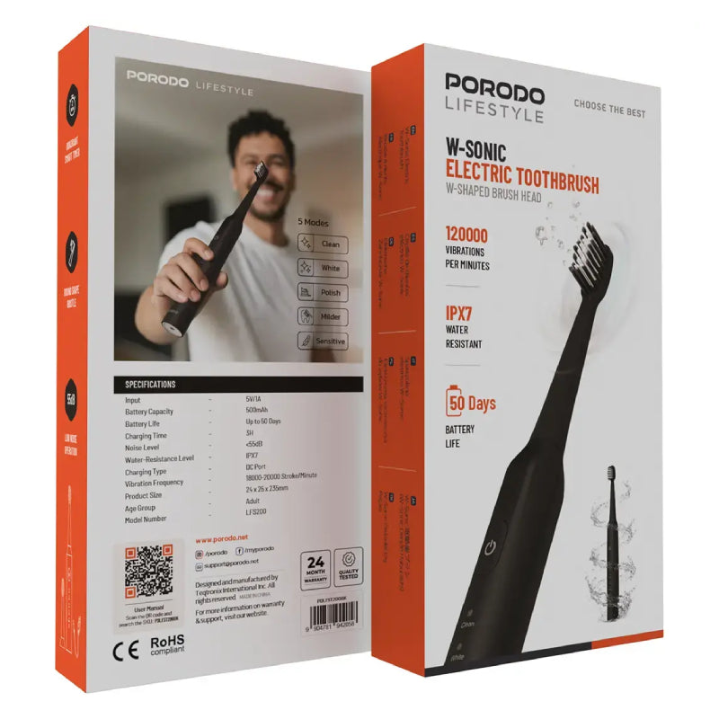 Porodo Lifestyle W-Sonic Electric Toothbrush - 500mAh / Black