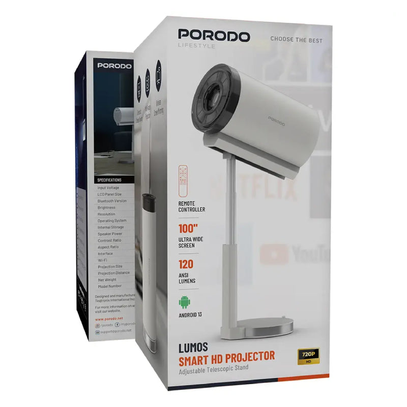 Porodo Bordeaux Lifestyle Lumos Smart HD Projector - Bluetooth / White