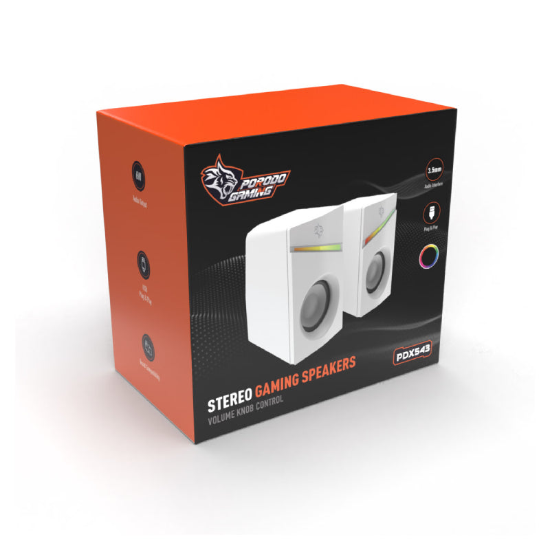 Porodo Gaming Gaming Stereo Wired Speakers Volume Knob Control - 1.1 Meter / 3.5mm Aux / USB - White