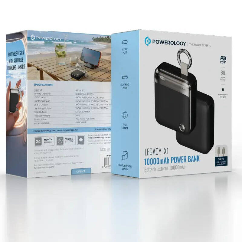 Powerology Legacy X1 Power Bank - 10000mAh / Lightning / USB-C / Black