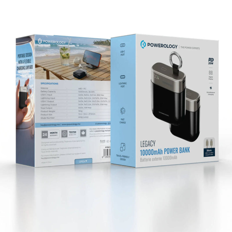 Powerology Legacy Power Bank - 10000mAh / Lightning / USB-C / Black