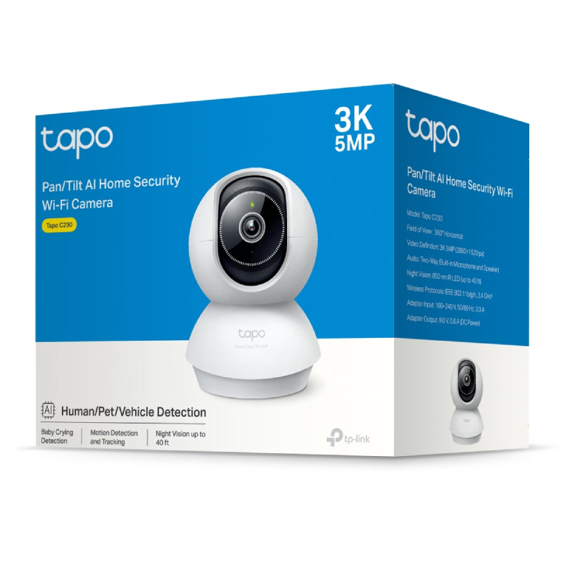 TP-Link (Tapo C230) Pan/Tilt AI Home Security Wi-Fi Camera - H.264 / 2880 x 1620 / 2.4 GHz - White