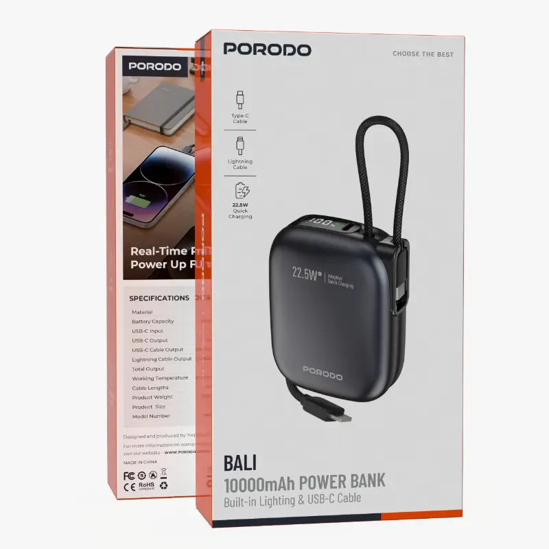 Porodo Bali Power Bank Built-in Lighting & USB-C Cable - 10000mAh / 22.5W / USB-C / Black