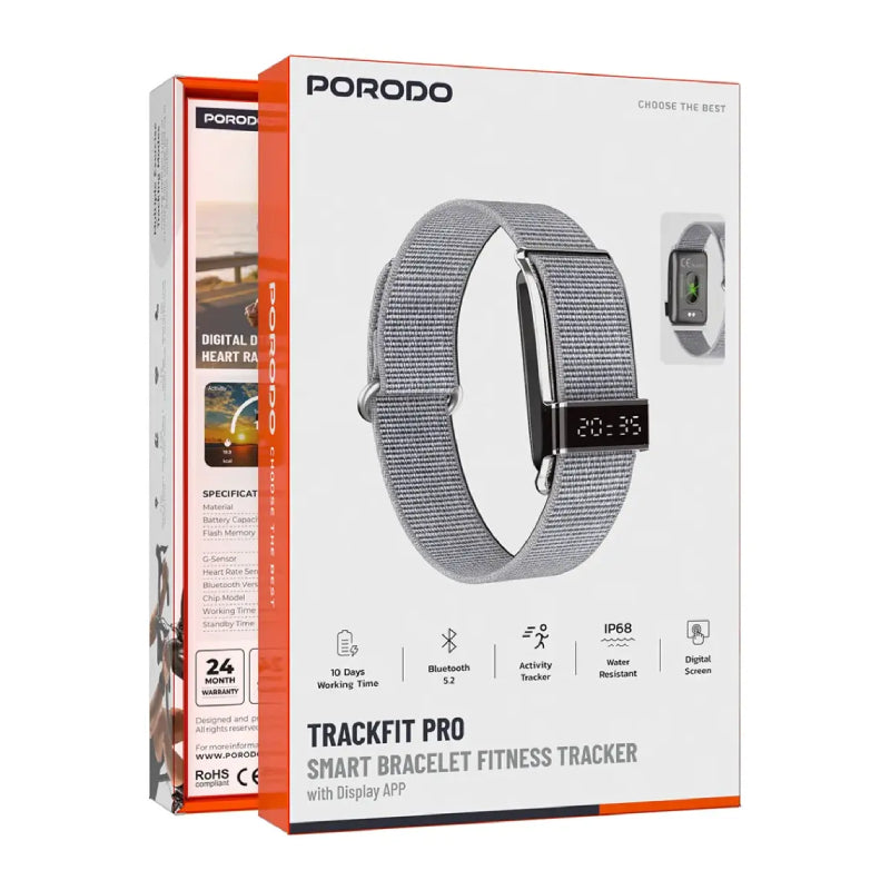 Porodo Trackfit Pro Smart Bracelet For Fitness Tracking With Display App - 145mAh / Bluetooth / Silver