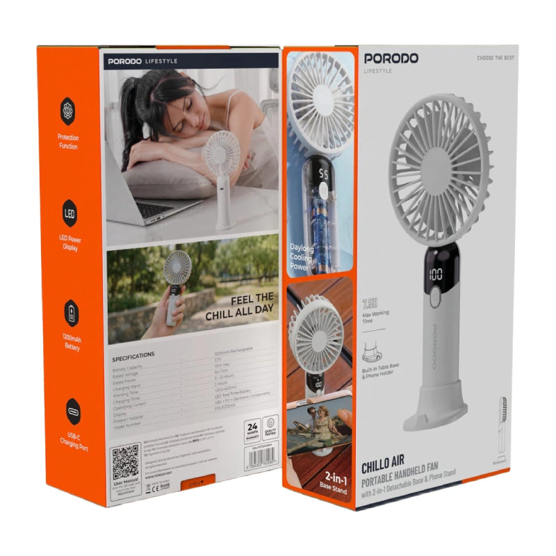 Porodo Lifestyle Cello Air Portable Handheld Fan with LED Display - 1200mAh / USB-C / White