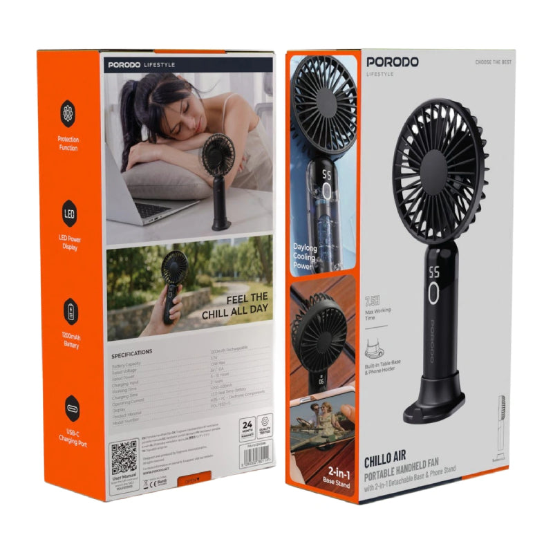 Porodo Lifestyle Cello Air Portable Handheld Fan with LED Display - 1200mAh / USB-C / Black