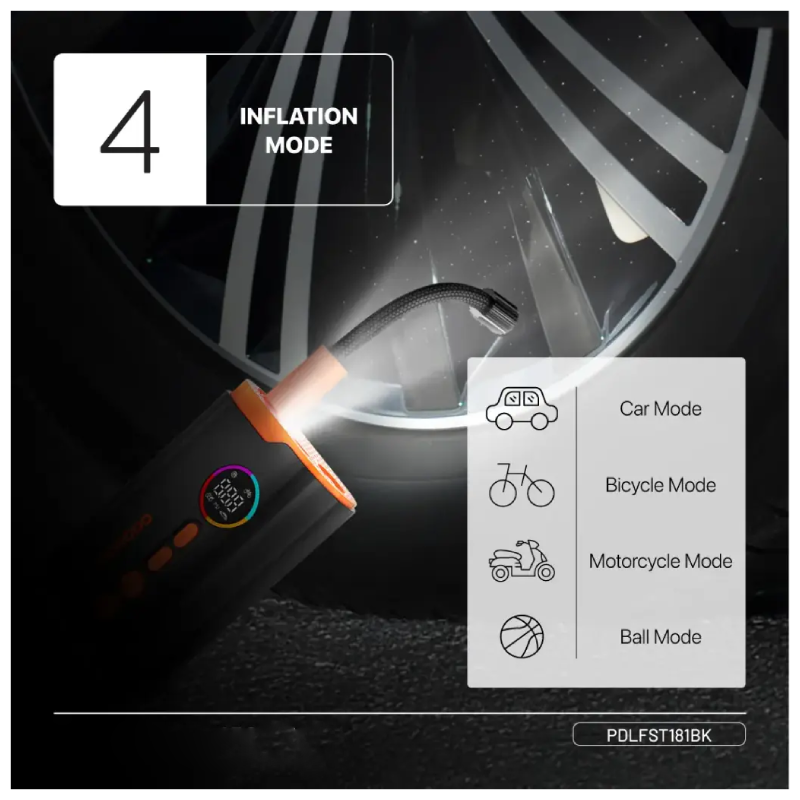 Porodo Lifestyle Electric Air Pump with High Pressure and Built-in Light - 1500mAh / 55W / Black