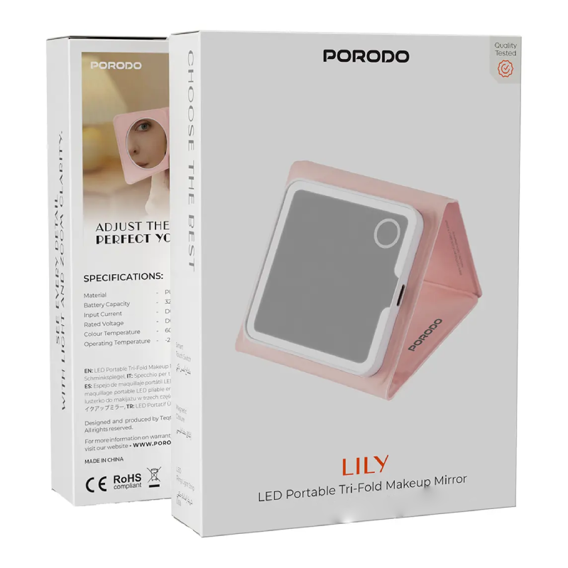 Porodo Night Triple Foldable Makeup Mirror with LED Lighting - 320mAh / Pink