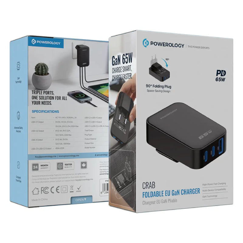 Powerology Crab Foldable EU GaN Charger - 65W / USB-C / USB-A / Black