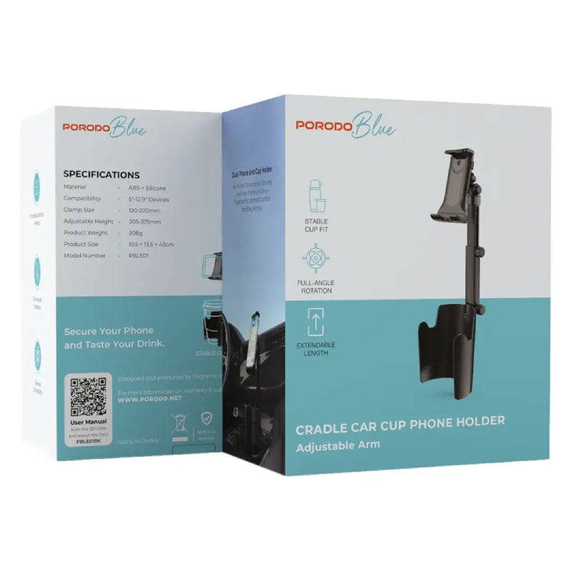 Porodo Blue Cradle Car Phone Holder with Adjustable Arm - Black