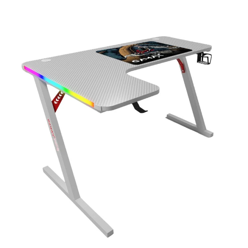 طاولة ألعاب جاماكس P202-LW من ألياف الكربون بإضاءة RGB مع لوحة ماوس، شكل L، جهة يسرى، أبيض