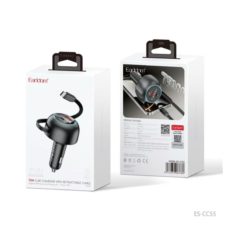 Earldom ES-CC55 Car Charger with Retractable Cable - 75W / Black