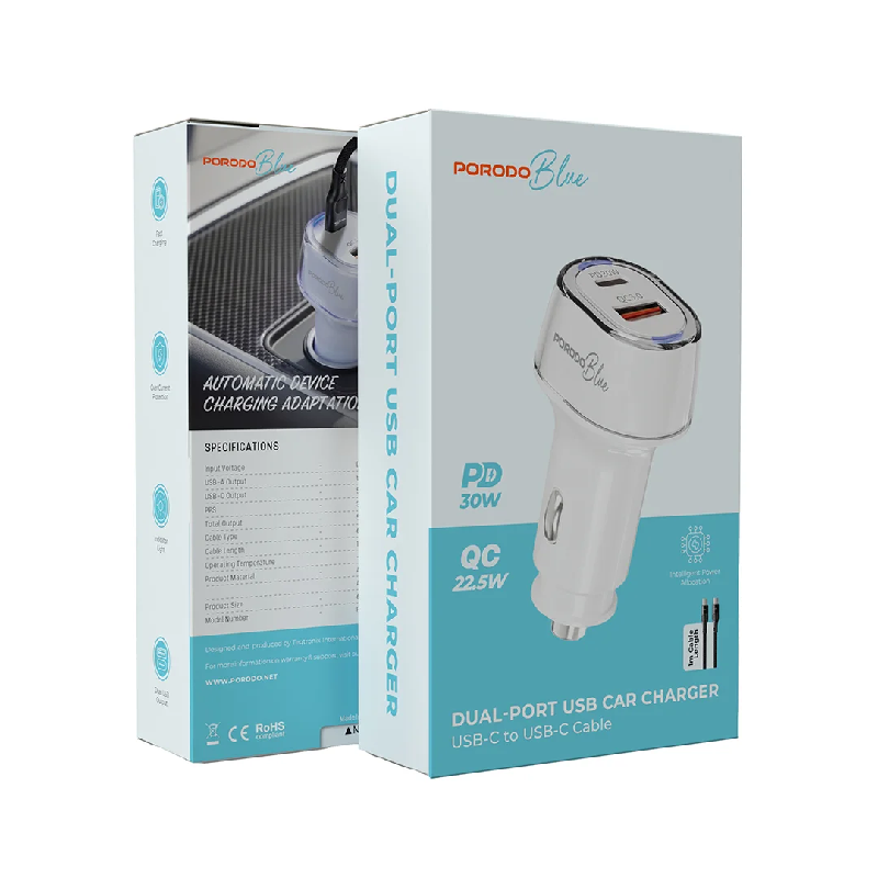 Porodo Blue Dual Port Car Charger No Cable - 52.5W/ White