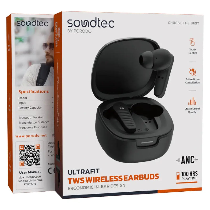 Porodo Ultrafit TWS Wireless Earbuds Ergonomic In-Ear Design - Black