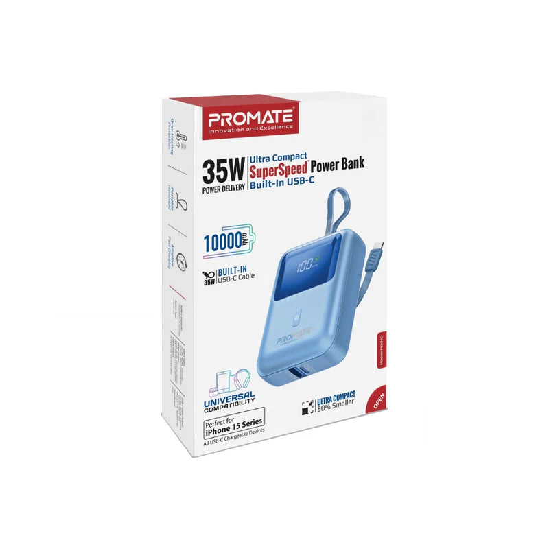PROMATE PowerPod-10 Ultra Compact Power Bank with Built-In USB-C Cable - 35W / USB-C / USB-A / Blue