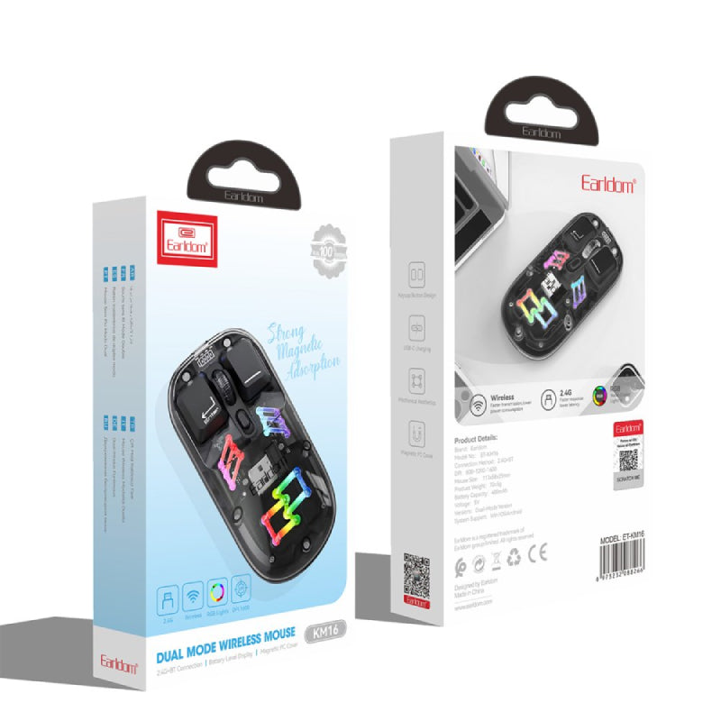 Earldom KM16 Transparent RGB Wireless Office Mouse - 1600dpi / Black