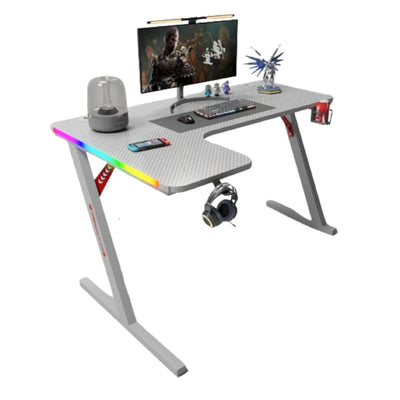طاولة ألعاب جاماكس P202-RW RGB من ألياف الكربون مع وسادة ماوس، بشكل حرف L جهة اليمين، باللون الأبيض