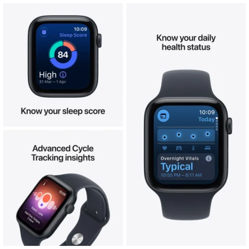 Apple Watch SE 3 with Sport Band - LTPO OLED / 44mm / Small/Medium / Bluetooth / Wi-Fi / Midnight Aluminium Case with Navy Blue Sport Band