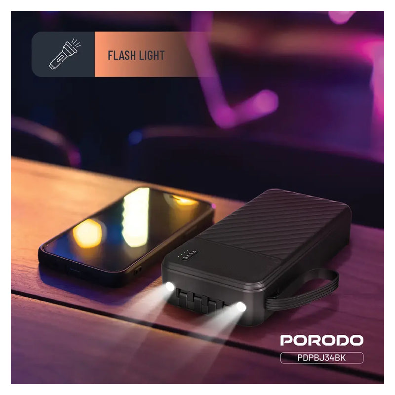 Porodo Piano Power Bank with Built-in Cables - 20000mAh / USB-C / Micro USB / Lightning - Black