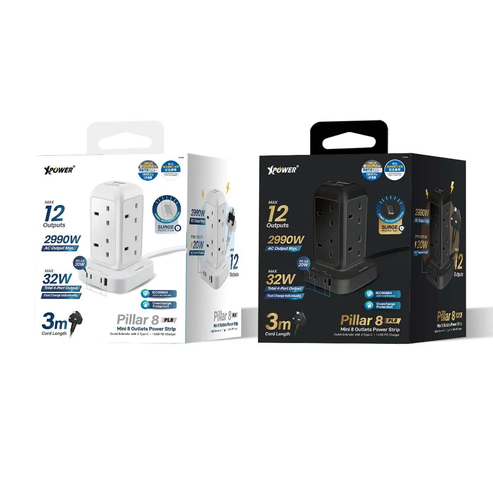 XPower Pillar 8 PL8 Mini 12 Outout Surge Power Strip - 3 Meter / White
