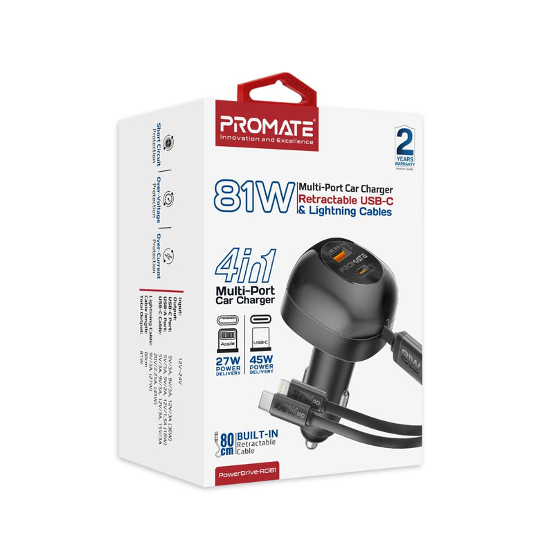 Promate PowerDrive-RCi81 Multi-Port Car Charger with Retractable USB-C & Lightning Cable - 81W / 0.8 Meter / Black