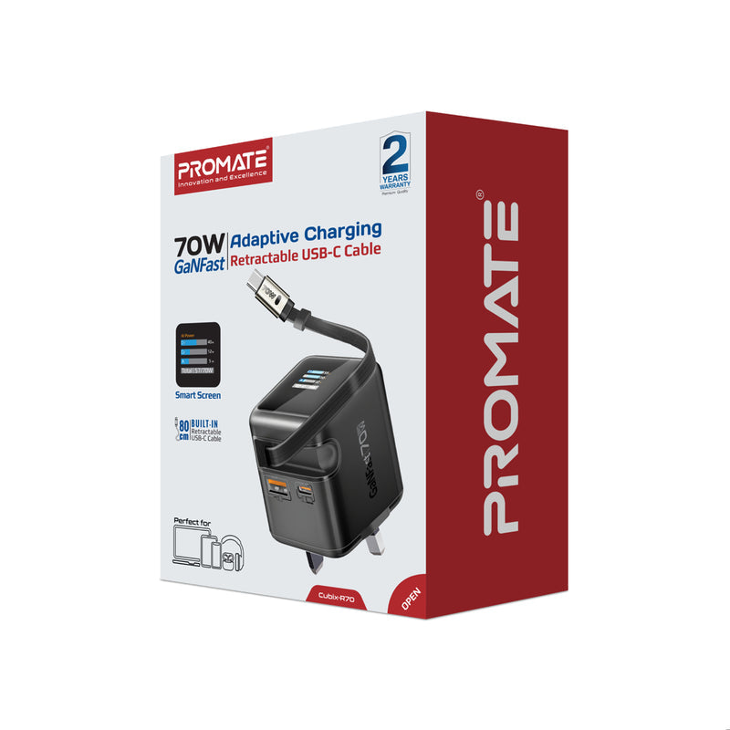 Promate Cubix-R70 GaNFast Wall Charger with Retractable USB-C Cable - 70W / 0.8 Meter / Black
