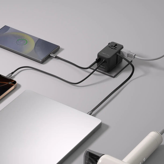 MOMAX 4-Port Mini Universal Travel GaN Charger with Built-In Cable with Dual AC - 100W / USB-A / USB-C / Black