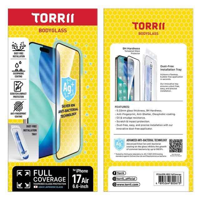 Torrii BODYGLASS Screen Protector for Apple iPhone Air (6.6”) - Full Coverage
