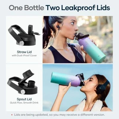 Buzio Duet Series Water Bottle with 2 Lids and Sleeve 1.2L - Purple Green