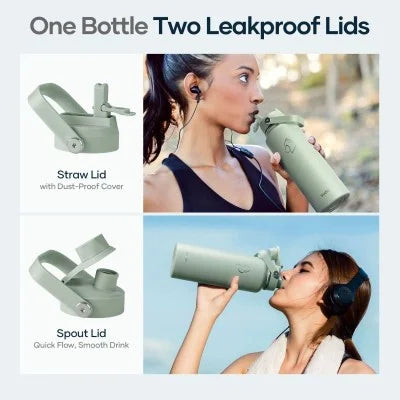 Buzio Duet Series Water Bottle with 2 Lids and Sleeve 1.2L - Green