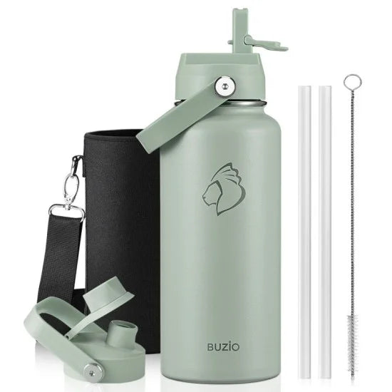 Buzio Duet Series Water Bottle with 2 Lids and Sleeve 1L - Green
