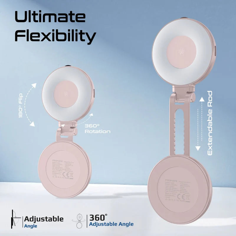 PROMATE 360° Rotatable Ultra-Slim MagSafe Rechargeable LED Ring Light - Rose Gold