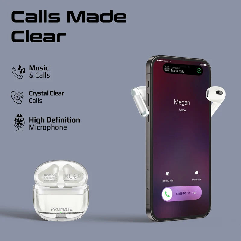 PROMATE TransPods High Definition Transparent TWS Earbuds with IntelliTouch - Bluetooth / 350mAh / White