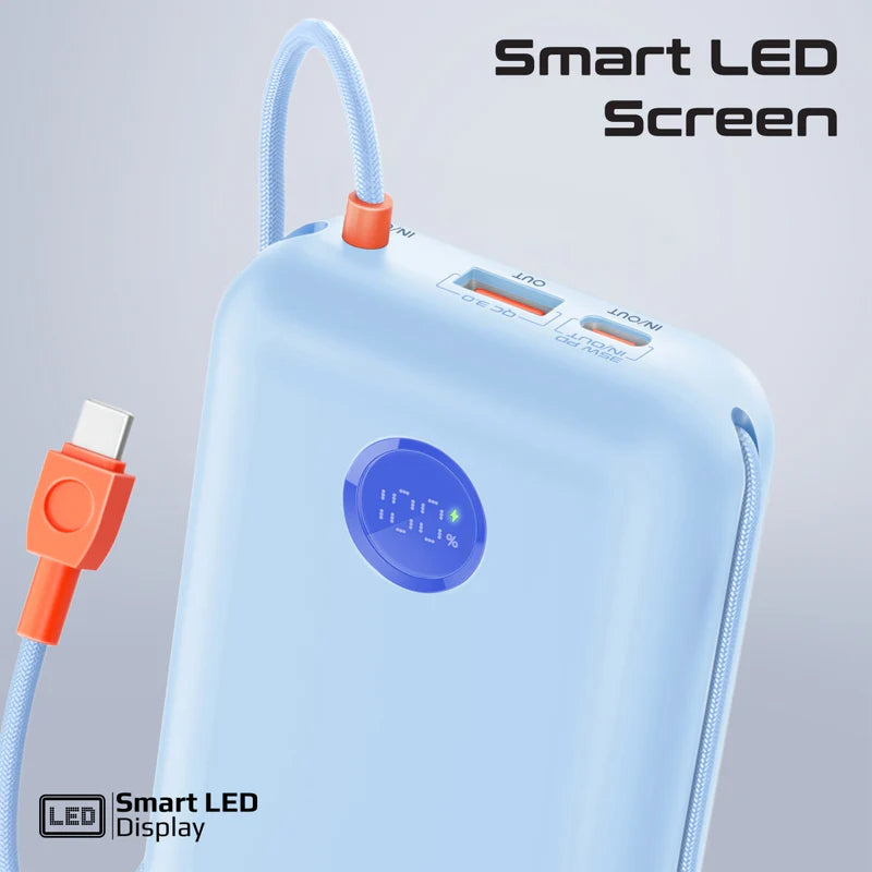 PROMATE PowerPod-30 Compact Power Bank with Built-In USB-C & Lightning Cable - 30000mAh / 35W / Blue