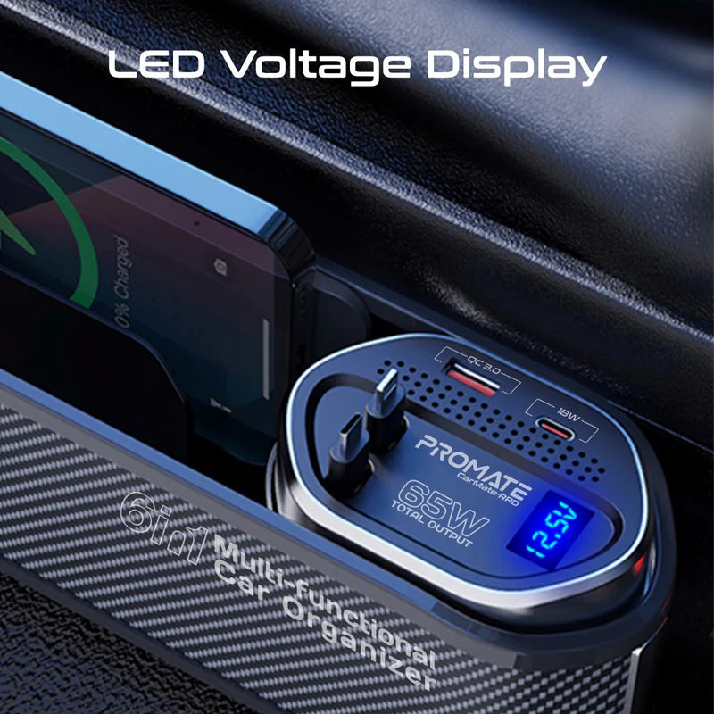 PROMATE Multi-Functional Car Organizer and Charging Station with Retractable Cables - 65W / USB-C & Lightning / Black