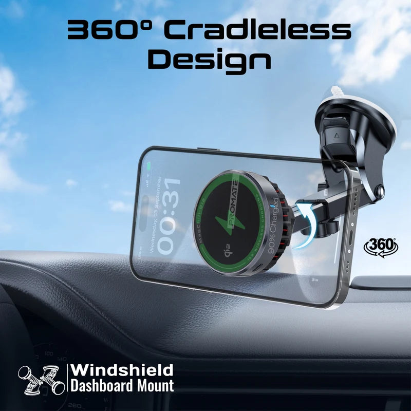 PROMATE ActiveCool Cradleless Qi2 Certified Wireless SmartPhone Charger Mount - 15W
