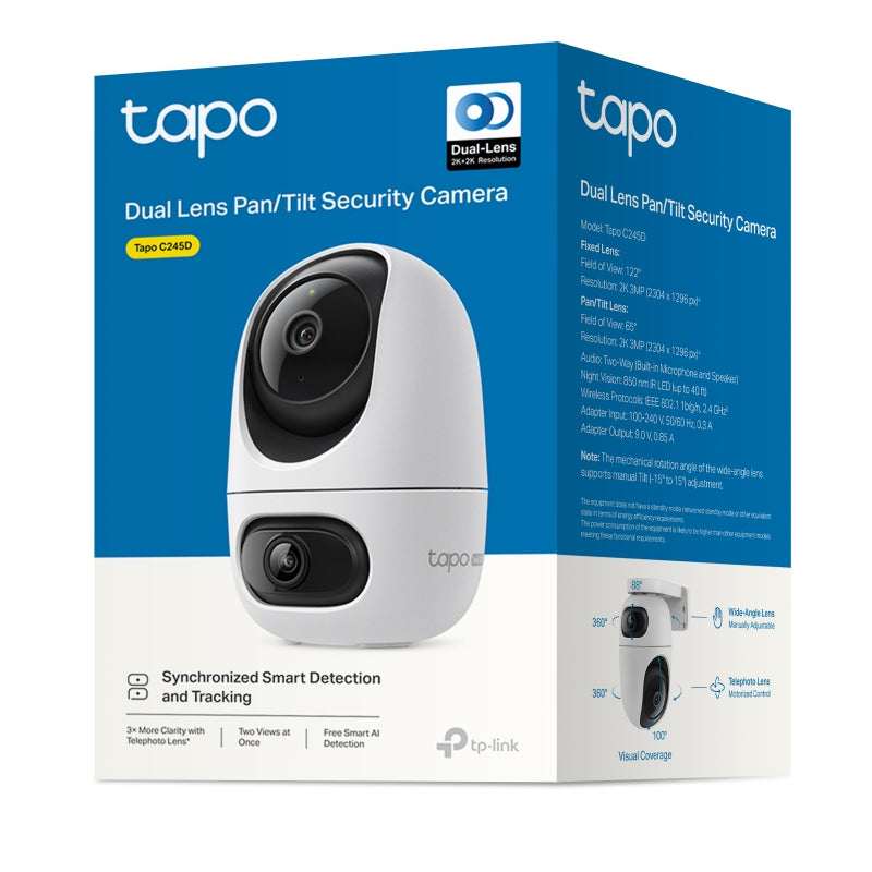 TP-Link (Tapo C245D) Dual Lens Pan/Tilt Security Camera - 2K 3MP Dual Lens / Up to 15 fps / Two-Way Audio / AI Detection / Night Vision