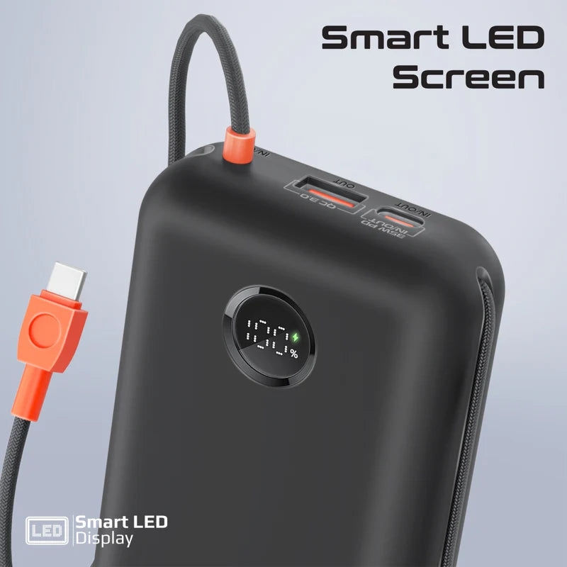 PROMATE PowerPod-30 Compact Power Bank with Built-In USB-C & Lightning Cable - 30000mAh / 35W / Black