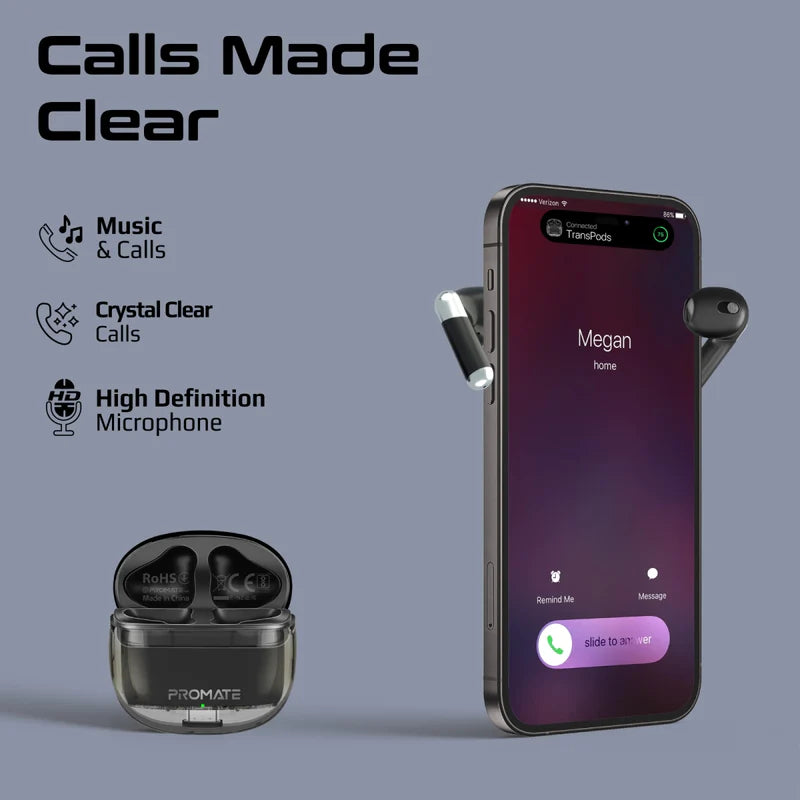 PROMATE TransPods High Definition Transparent TWS Earbuds with IntelliTouch - Bluetooth / 350mAh / Black