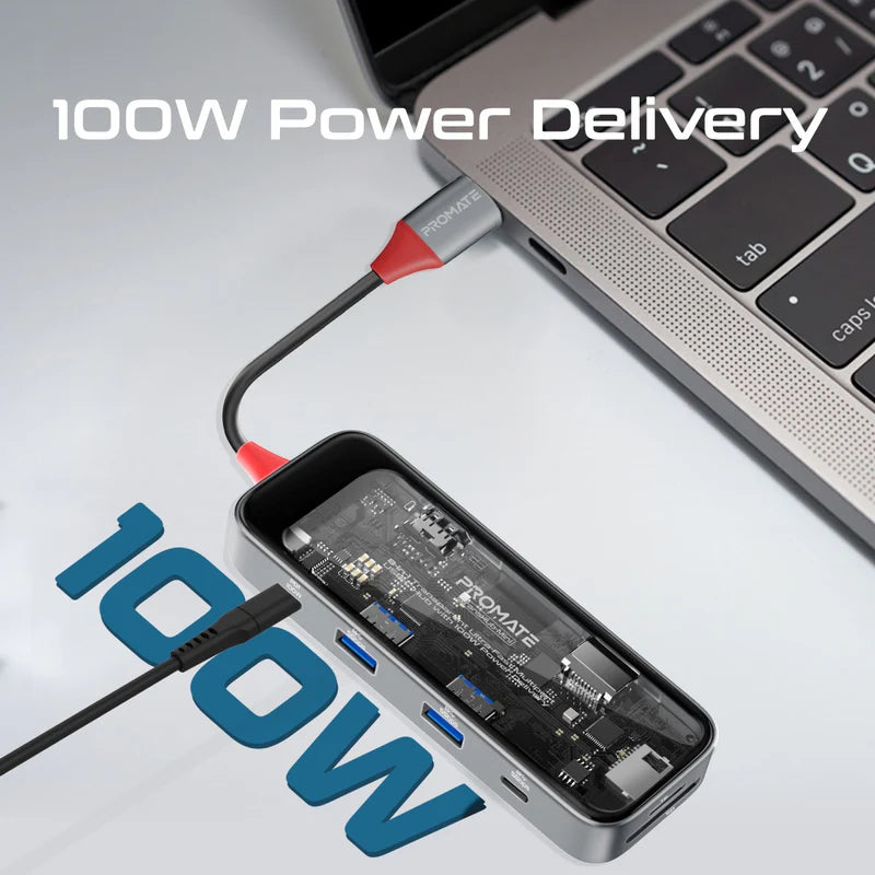 PROMATE 8-in-1 Transparent USB-C Hub - USB-C / HDMI / USB 3.0