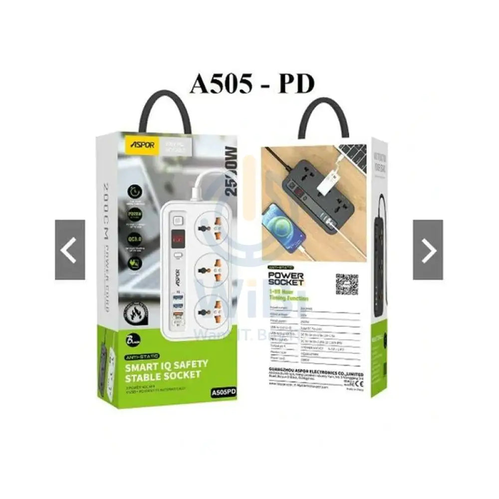 Aspor A505PD Smart IQ Safety Stable Surge Socket - 20W / 2 Meter / Black Accessories > Power > Power Protection > Surge