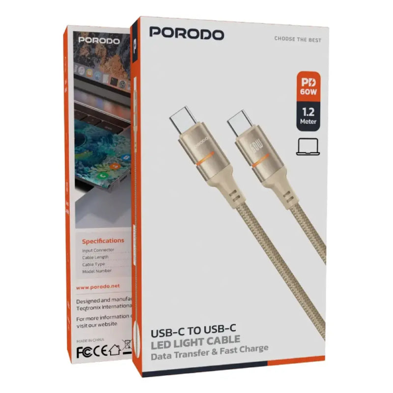 Porodo Braided LED Light Cable - USB-C / 1.2 Meter / Gold