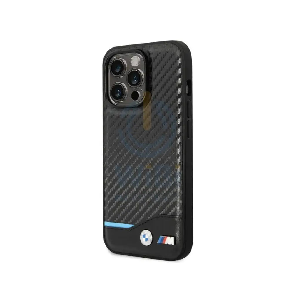 BMW iPhone 14 Pro Max M Collection PU Carbon Case with Bottom Horizontal Blue Line - Black Accessories > Mobiles &